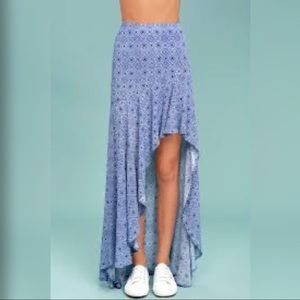 Lulu’s high low indigo and white ruffle maxi skirt
